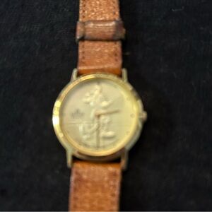 Vintage Disney Micky Mouse Gold Watch with Brown Leather Strap.